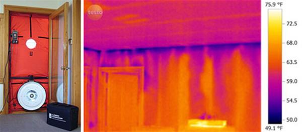 A blower door pulls air out of the interior to allow the detection of leaks throughout the house. An infrared camera gives an accurate measurement of wall temperature and can aid in the analysis of both insulation and air leaks. 