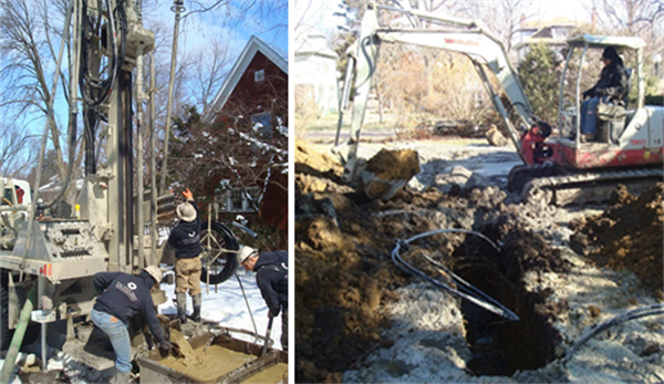 The five wells are dug on a snowy day in March 2013. The tubing for the ground loops can be seen coiled up on a spool. A mini-excavator was used to dig a trench to connect the wells to each other and to the house. The ground loops can be seen protruding from the trench. 