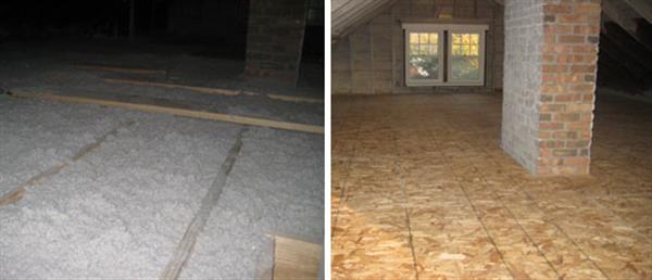 A thick blanket of loose pack cellulose is added to the attic and then covered with a wooden floor (optional). 