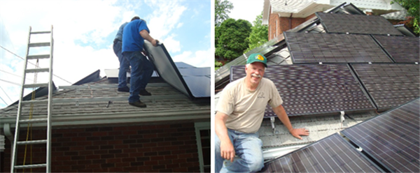 Jim and Tim Fritchie help me install the PV modules on the garage. The modules are clamped to rails that are attached to the roof with brackets called L-feet. Ty Newell, the owner of Equinox House, helped me to install the two modules on the shed behind the garage and supplied much advice, encouragement, and levity. Sorry, I don't have a single photo of myself doing any work!