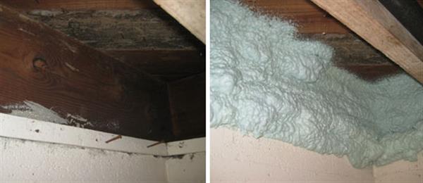 The rim joist before and after being insulated and air-sealed with closed-cell foam in the basement.