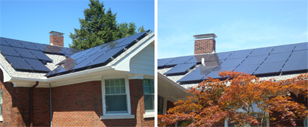 The house solar PV array, using the same BenQ modules as on the garage. The modules on the main roof face south, and the modules on the addition face west. 