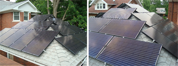 The solar PV array on the garage. The first photo shows the modules on the west and south faces; the second photo shows the modules on the south and east faces. There are also two modules on a shed situated to the south of the garage, shown in a photo below. 